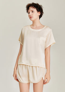 Silk Tee and Shorts Set, Beige