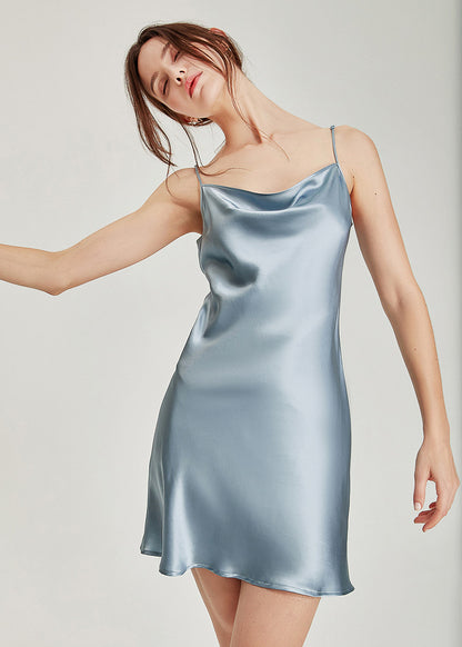 Silk Cowl Neck Slip Dress, Sky Blue Small / Sky Blue