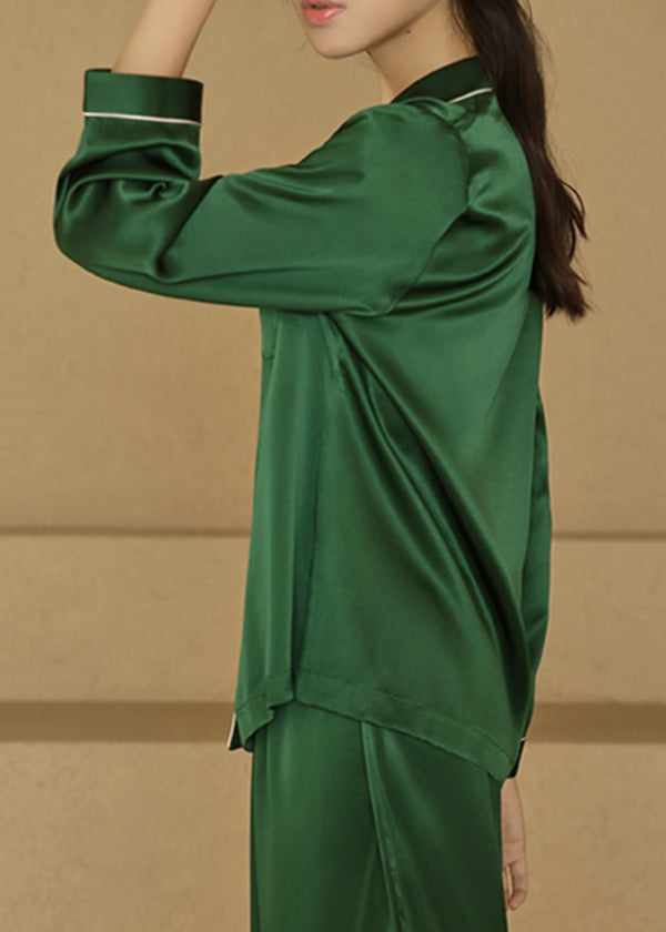Piped Silk Pajama Set, Forest Green