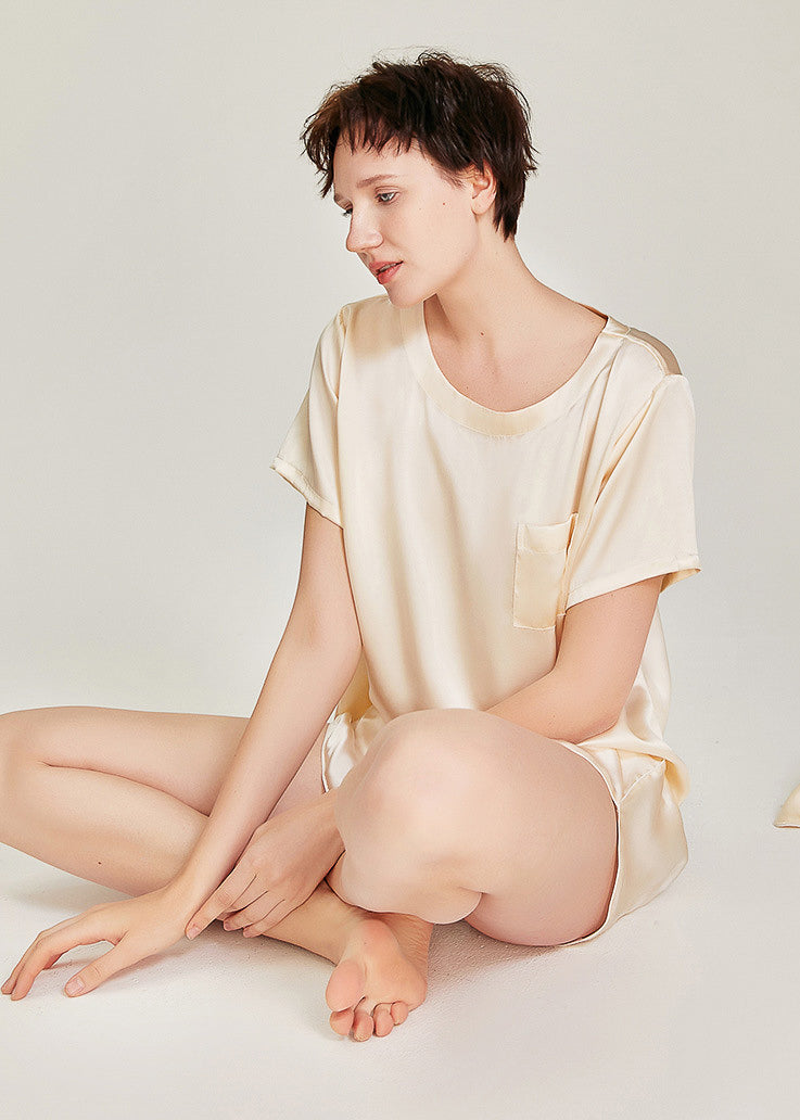 Silk Tee and Shorts Set, Beige